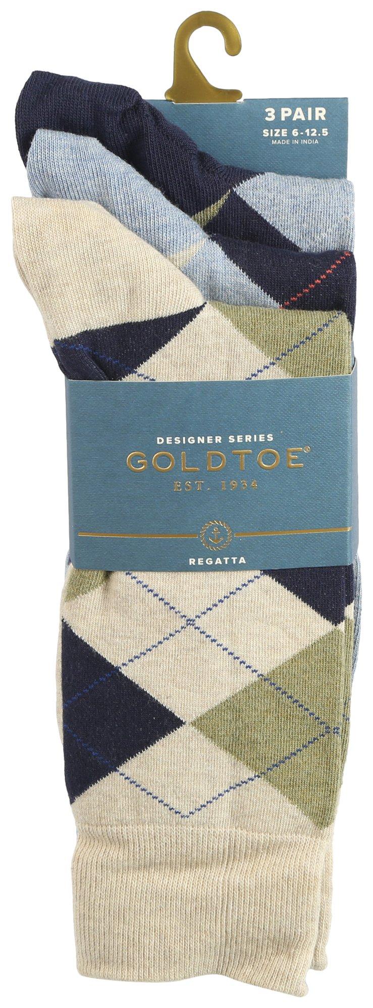 Gold Toe Mens 3-Pr. Regatta Argyle Designer Crew Socks