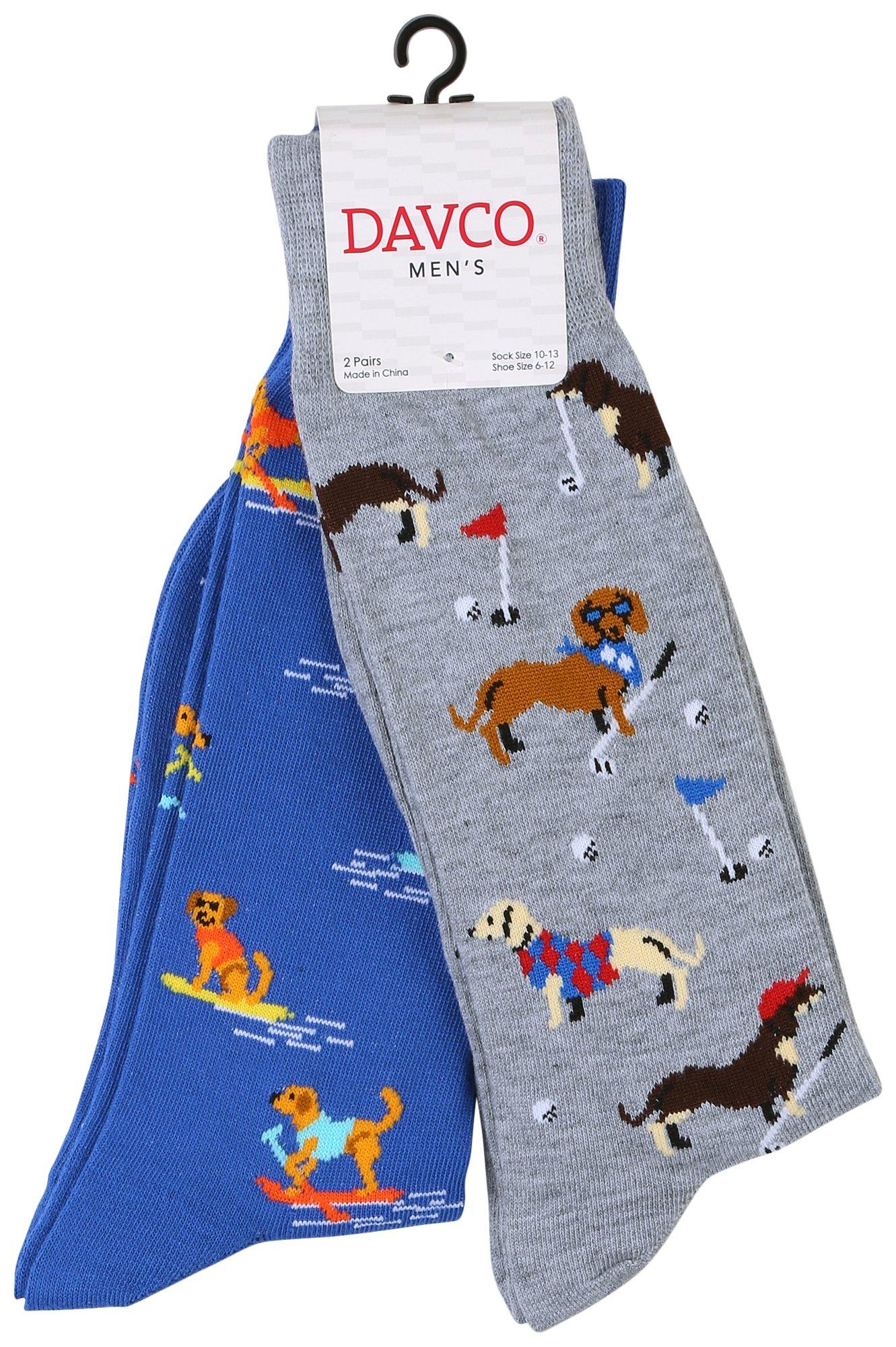 Davco Mens 2-Pr. Sporty Dog Print Mid-Calf Socks