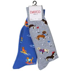 Davco Mens 2-Pr. Sporty Dog Print Mid-Calf Socks