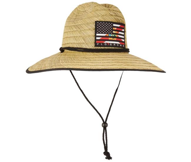 FloGrown Mens Logo Flag Patch Wide Brim Straw Hat - Natural Beige Multi - One Size