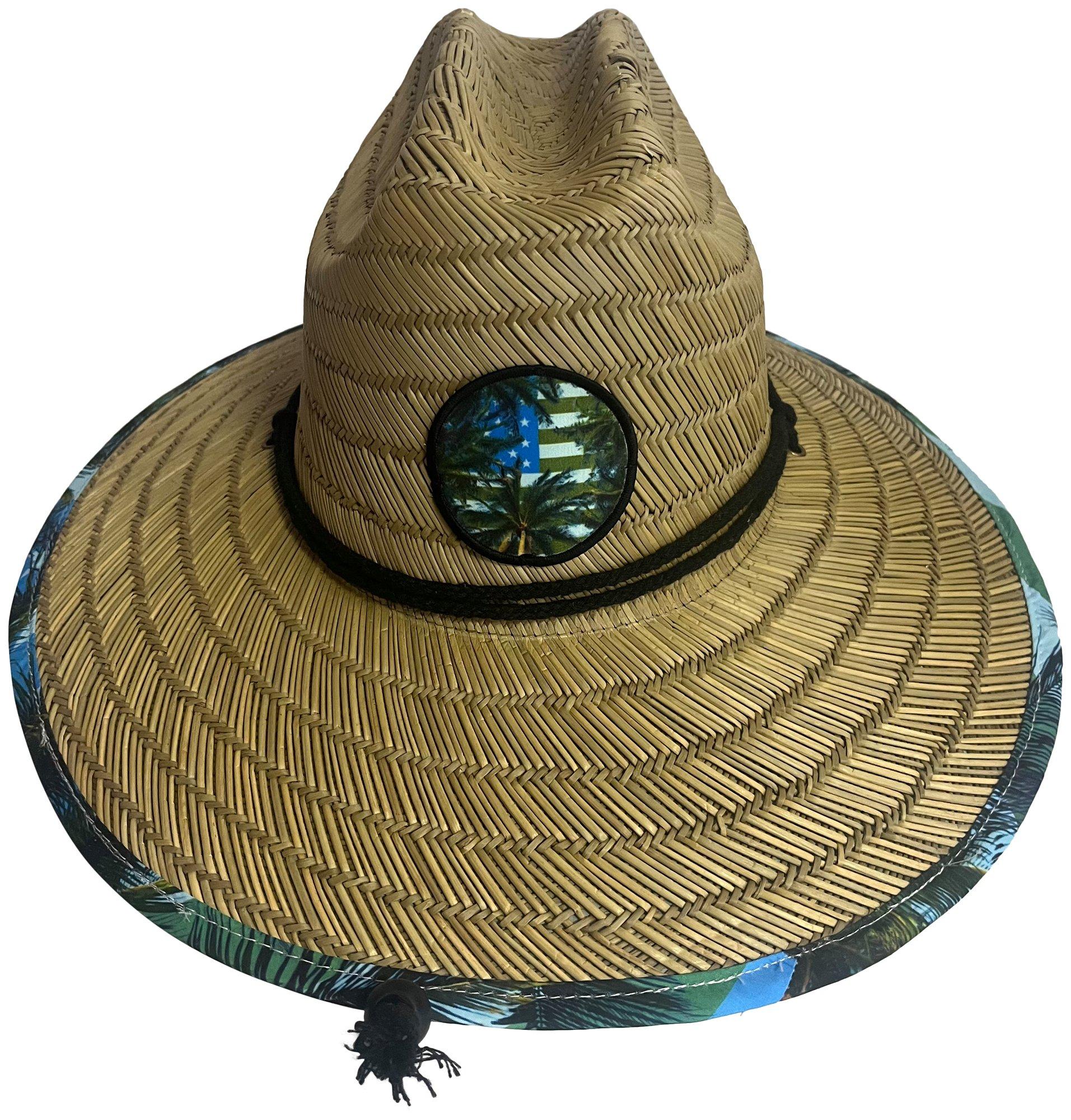Mens Palm Sky Flag Wide Brim Straw Lifeguard Hat