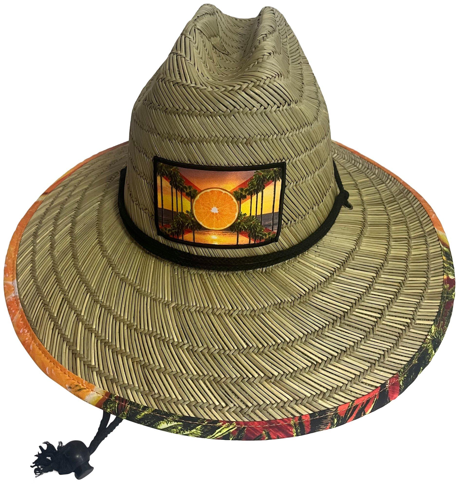 Mens Orange Palm Wide Brim Straw Lifeguard Hat