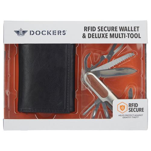 Dockers Mens RFID Leather Trifold Wallet & Multitool