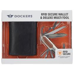 Mens RFID Leather Trifold Wallet & Multitool Set
