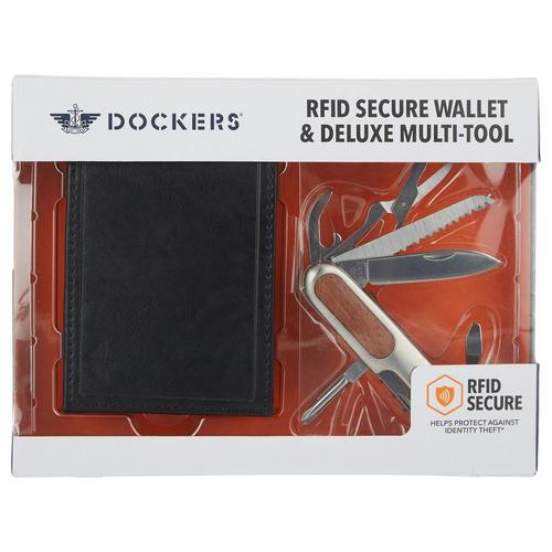Dockers Mens RFID Leather Bifold Wallet & Multitool