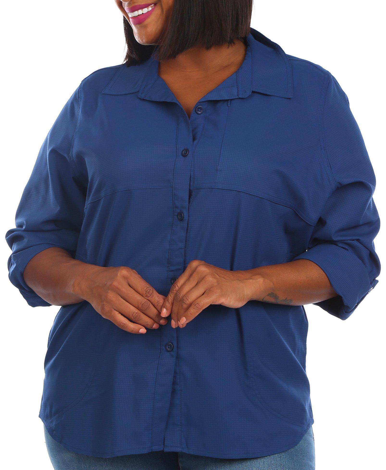 Reel Legends Long Sleeve Half Button Tunic Blouse Women's Grey/Black Petite  Med