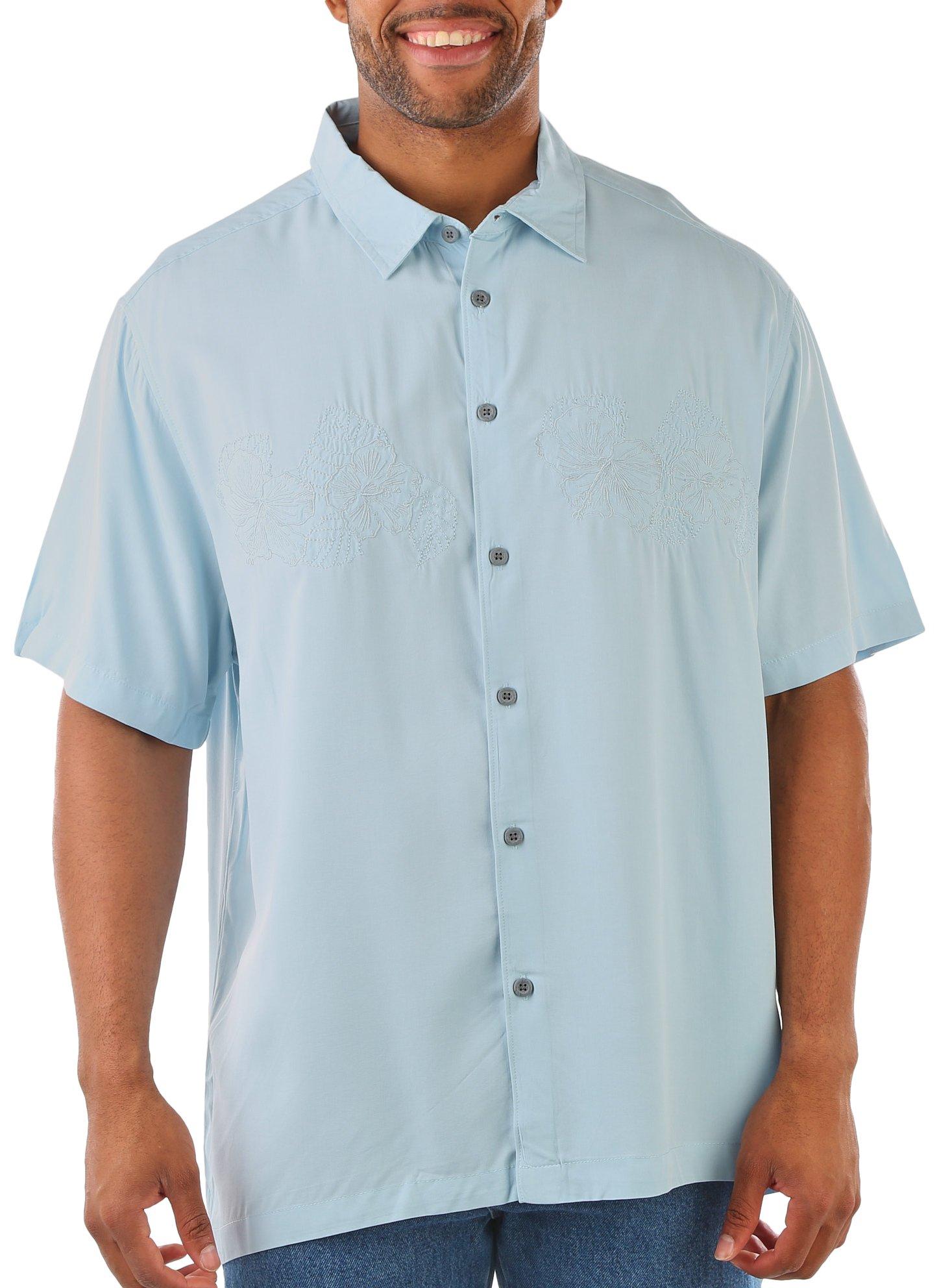Mens Hibiscus Embroidered Short Sleeve Button Up Shirt