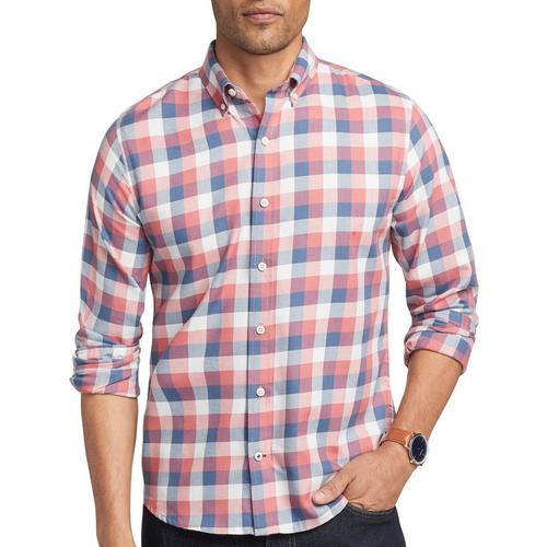 IZOD Mens Twill Checkered Plaid Button Up Long