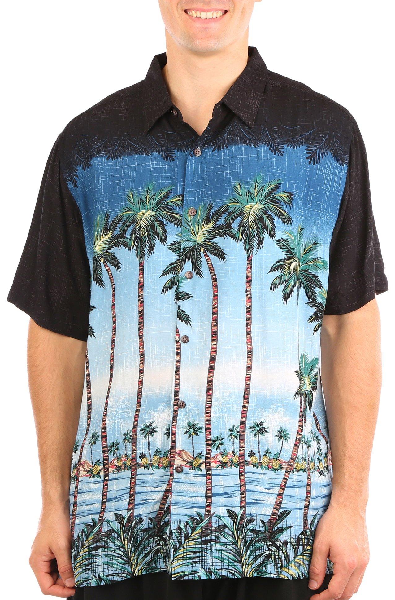 Mens Palm Tree Sunset Button-Down Short Sleeve Shirt