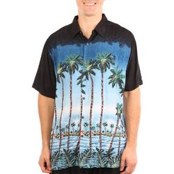 Mens Palm Tree Sunset Button-Down Short Sleeve Shirt