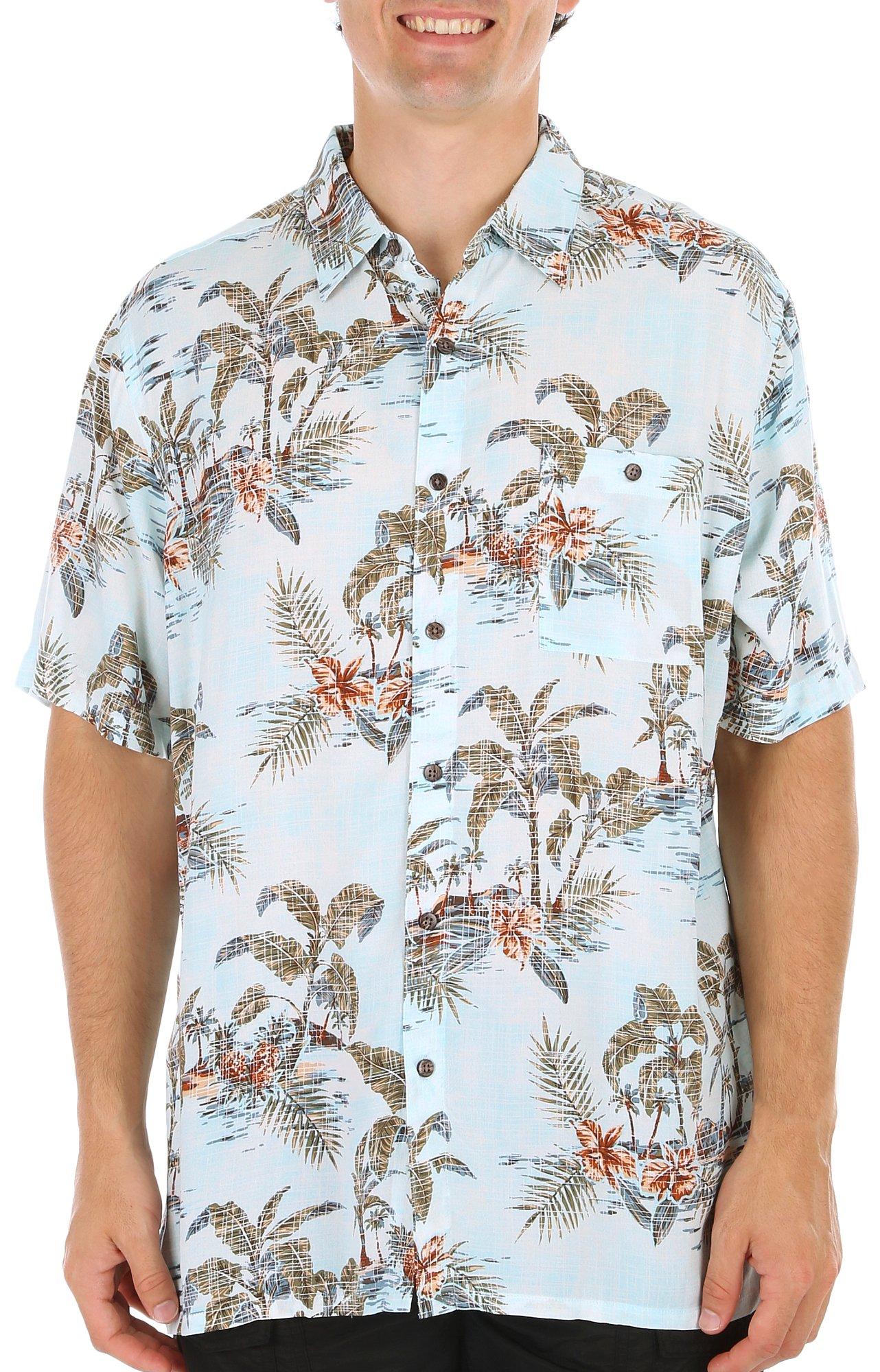 Mens Aqua Floral Button-Down Short Sleeve Shirt