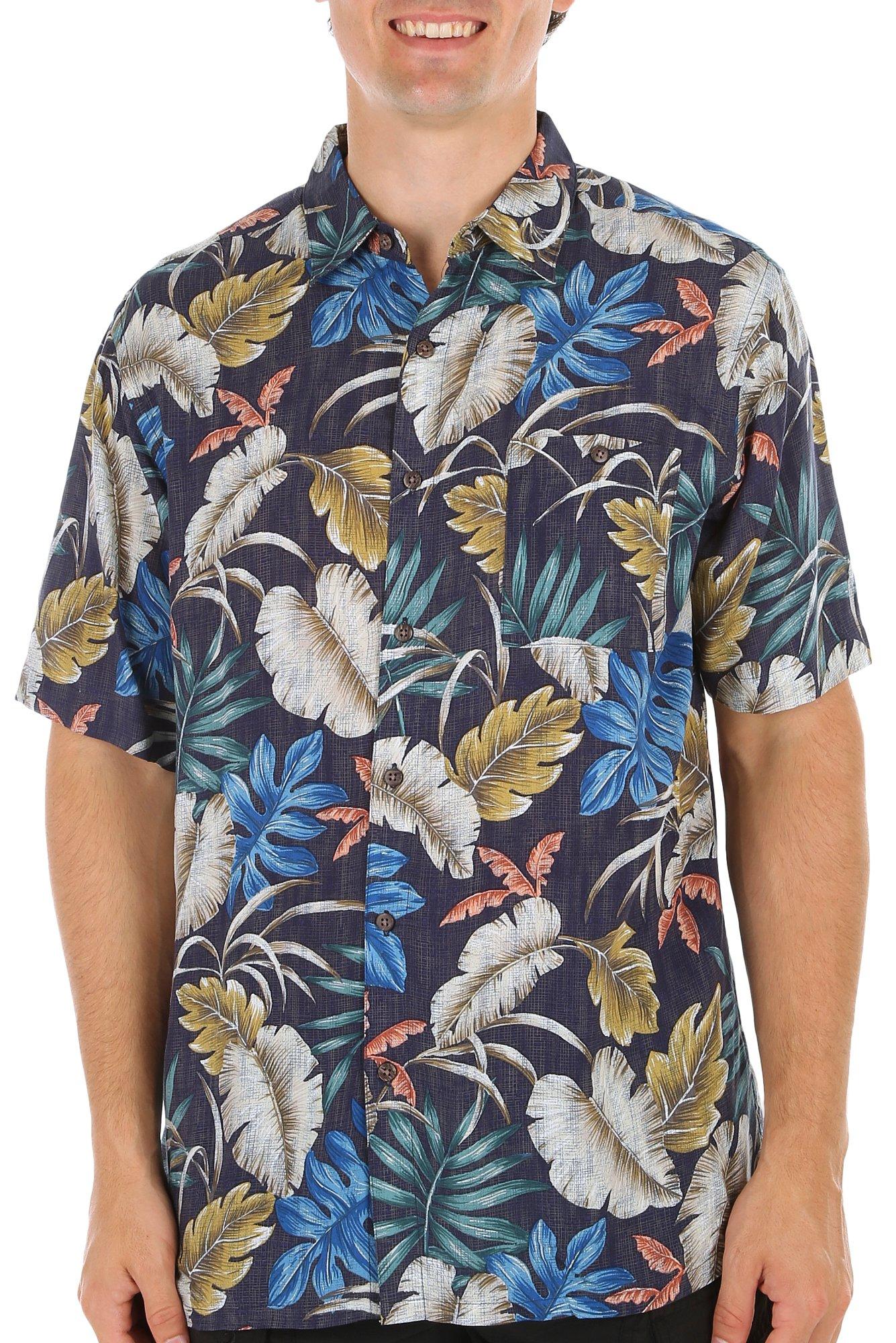 Mens Tropical Leaf Print Button-Down Short Sleeve Shirt