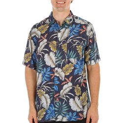Mens Tropical Leaf Print Button-Down Short Sleeve Shirt