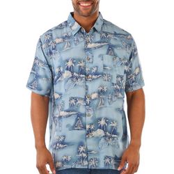 Mens Palm Island Scene Button-Down Short Sleeve Shirt