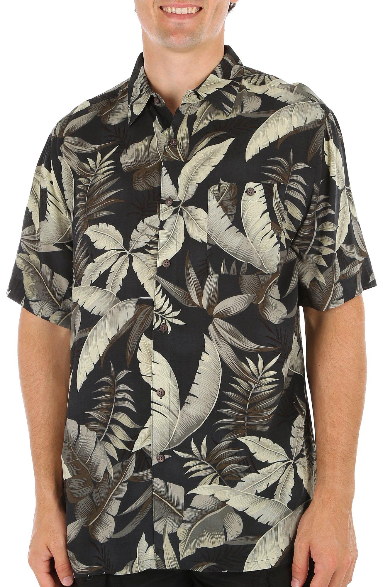 Mens Leaf Print Button-Down Short Sleeve Shirt