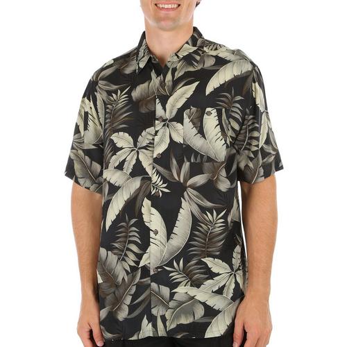 Mens Leaf Print Button-Down Short Sleeve Shirt
