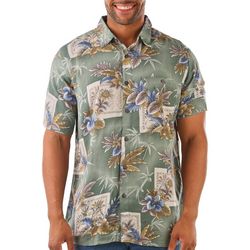 Mens Floral Stamp Button-Down Short Sleeve Shirt