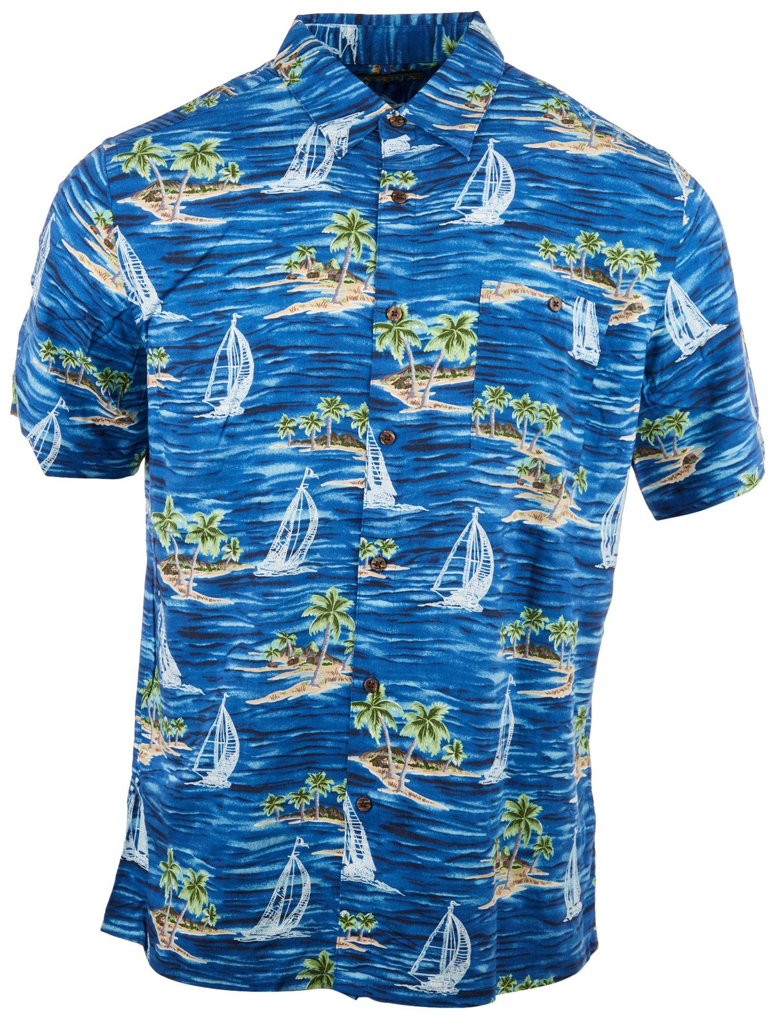 Campia Mens Island Print Button-Down Short Sleeve Shirt