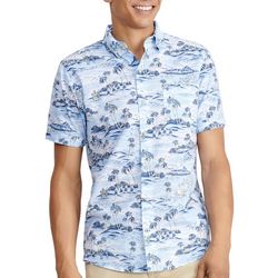Mens Saltwater Blue Waves Short Sleeve Button Up Shirt