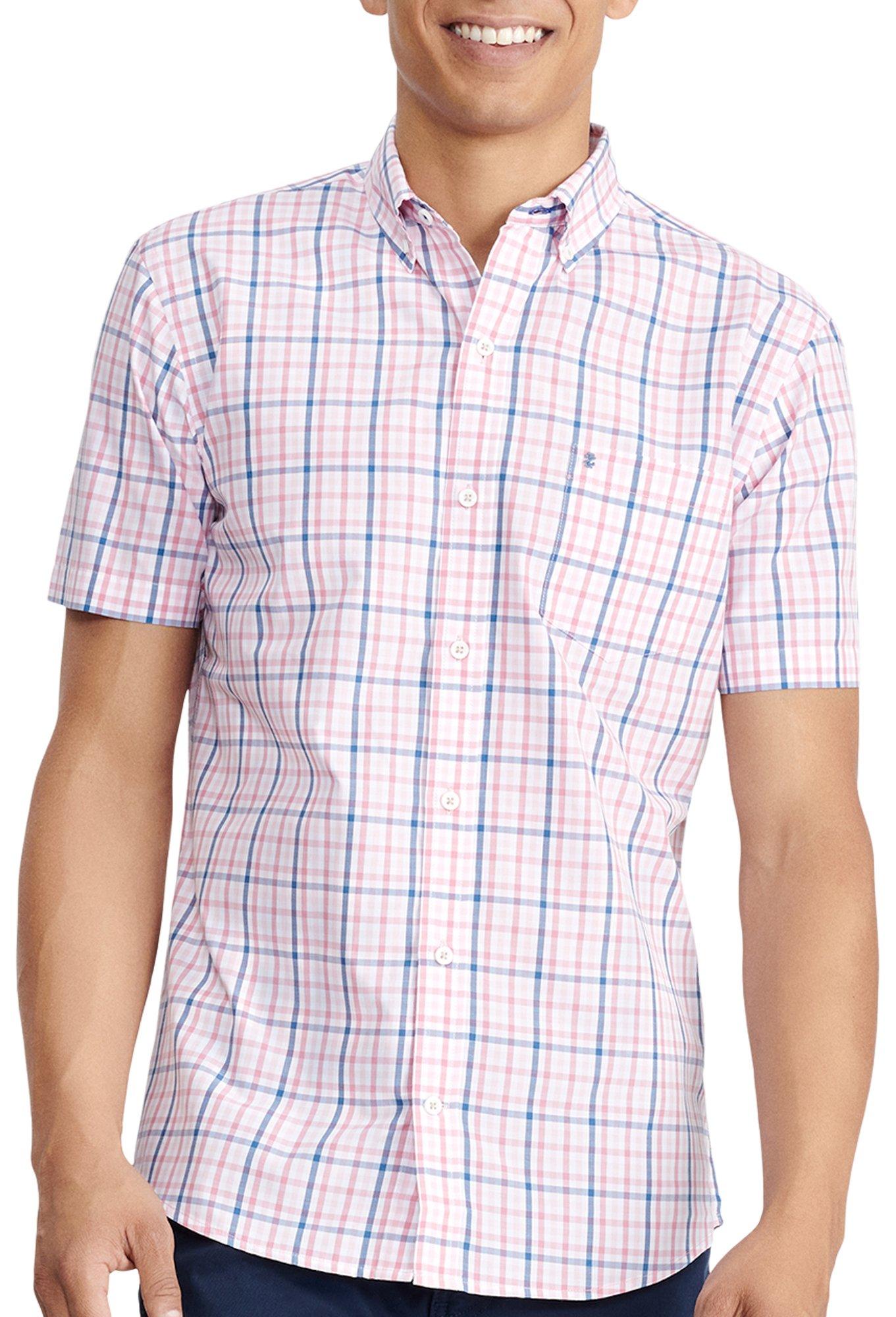 IZOD Mens Pink Plaid Short Sleeve Button Up Shirt