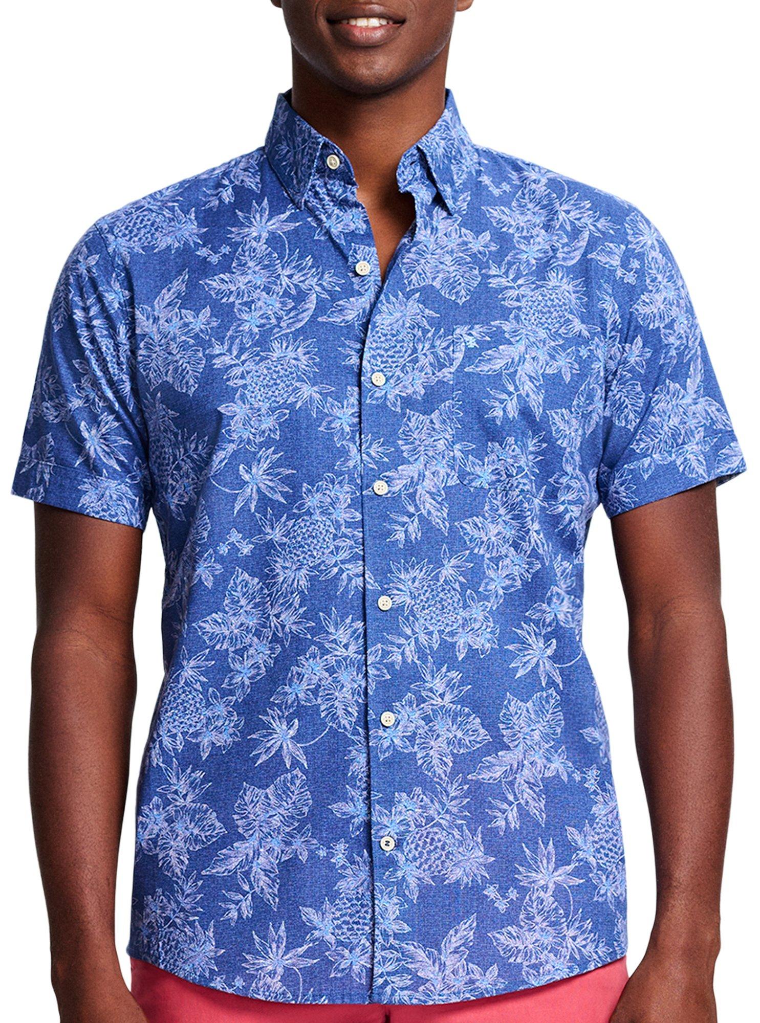 Mens Tropical Blue Print Short Sleeve Button Up Shirt