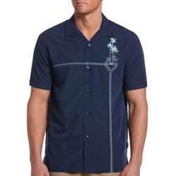 Cubavera Mens Geo & Palm Stitch Panel Short Sleeve Shirt