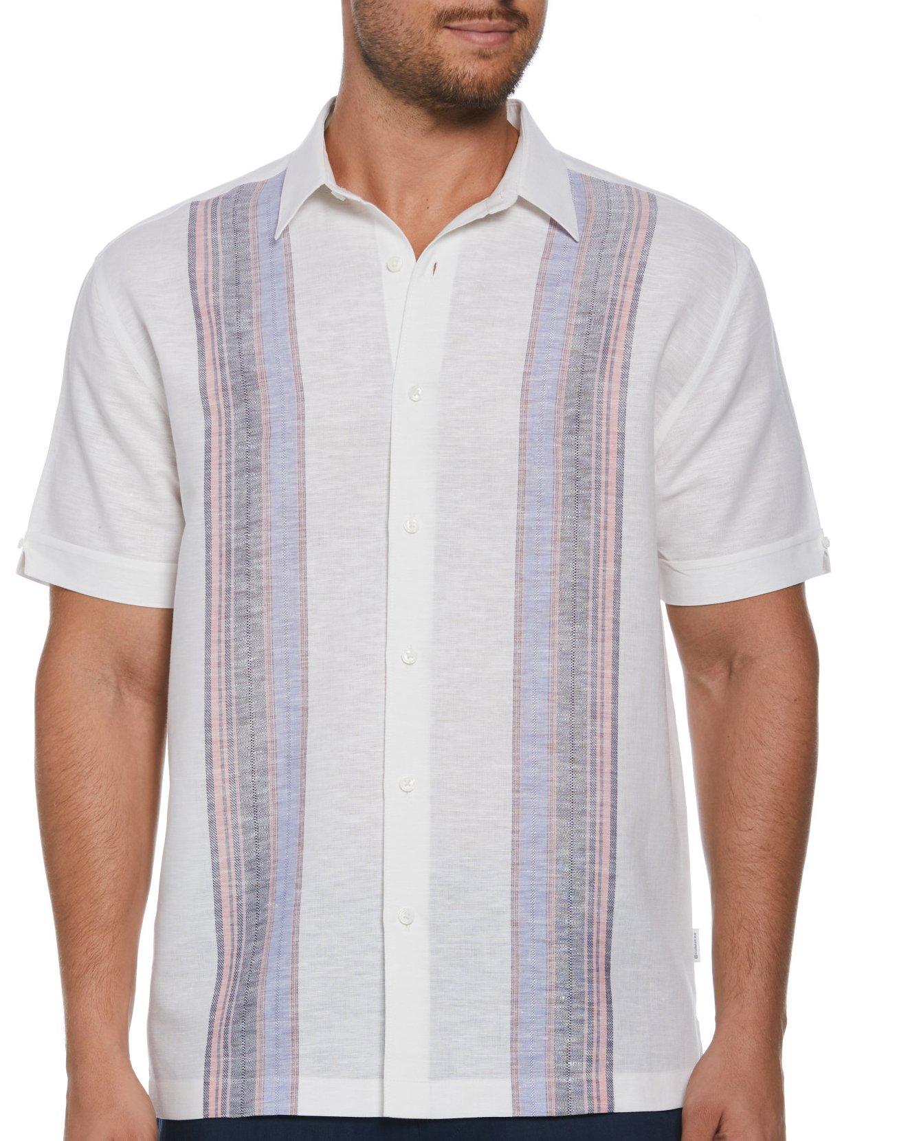 Mens Yarn Dye Panel Woven Short Sleeve Button Up Shirt