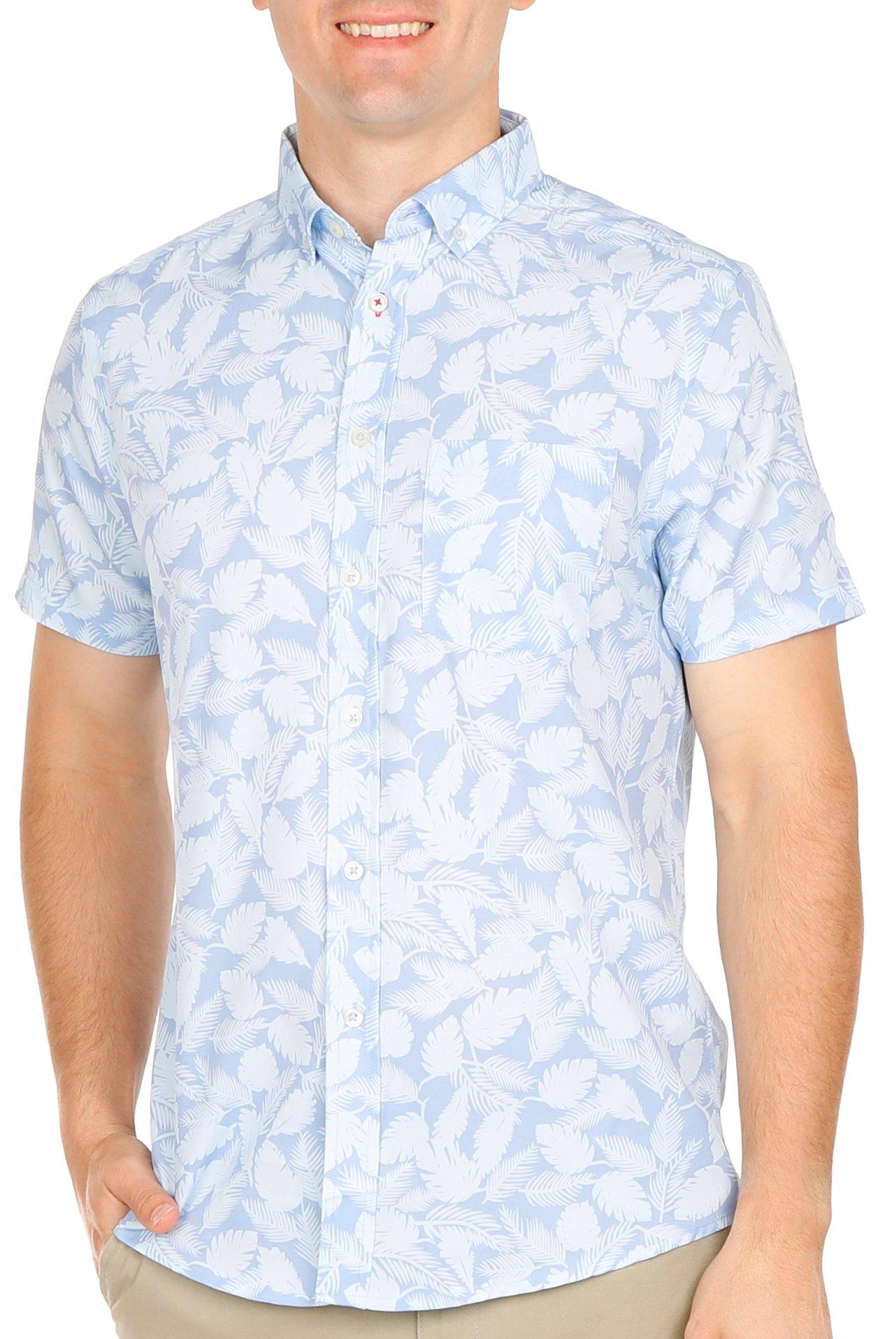 Mens Palm Leaves Button Down Short Sleeve Shirt