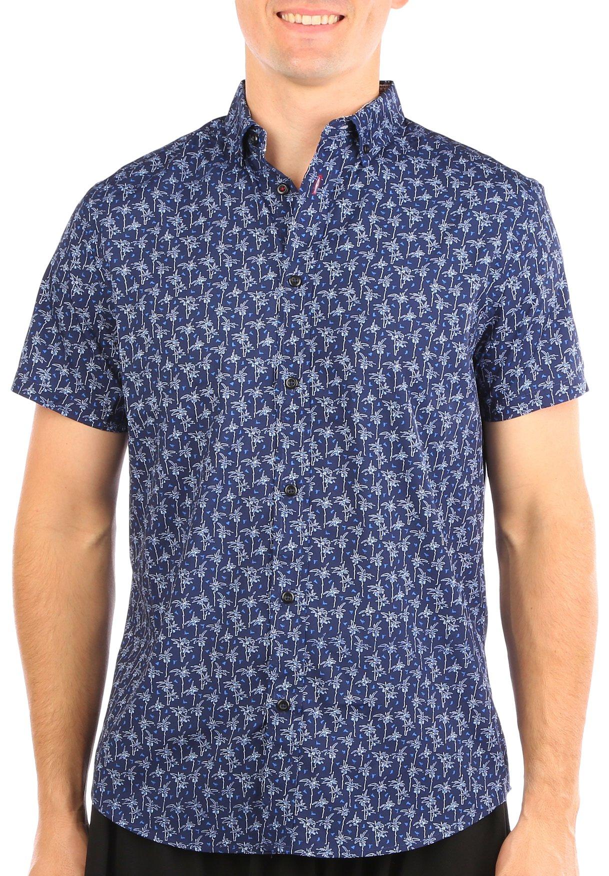 Mens 4-Way Stretch Palm Tree Button-Up Short Sleeve