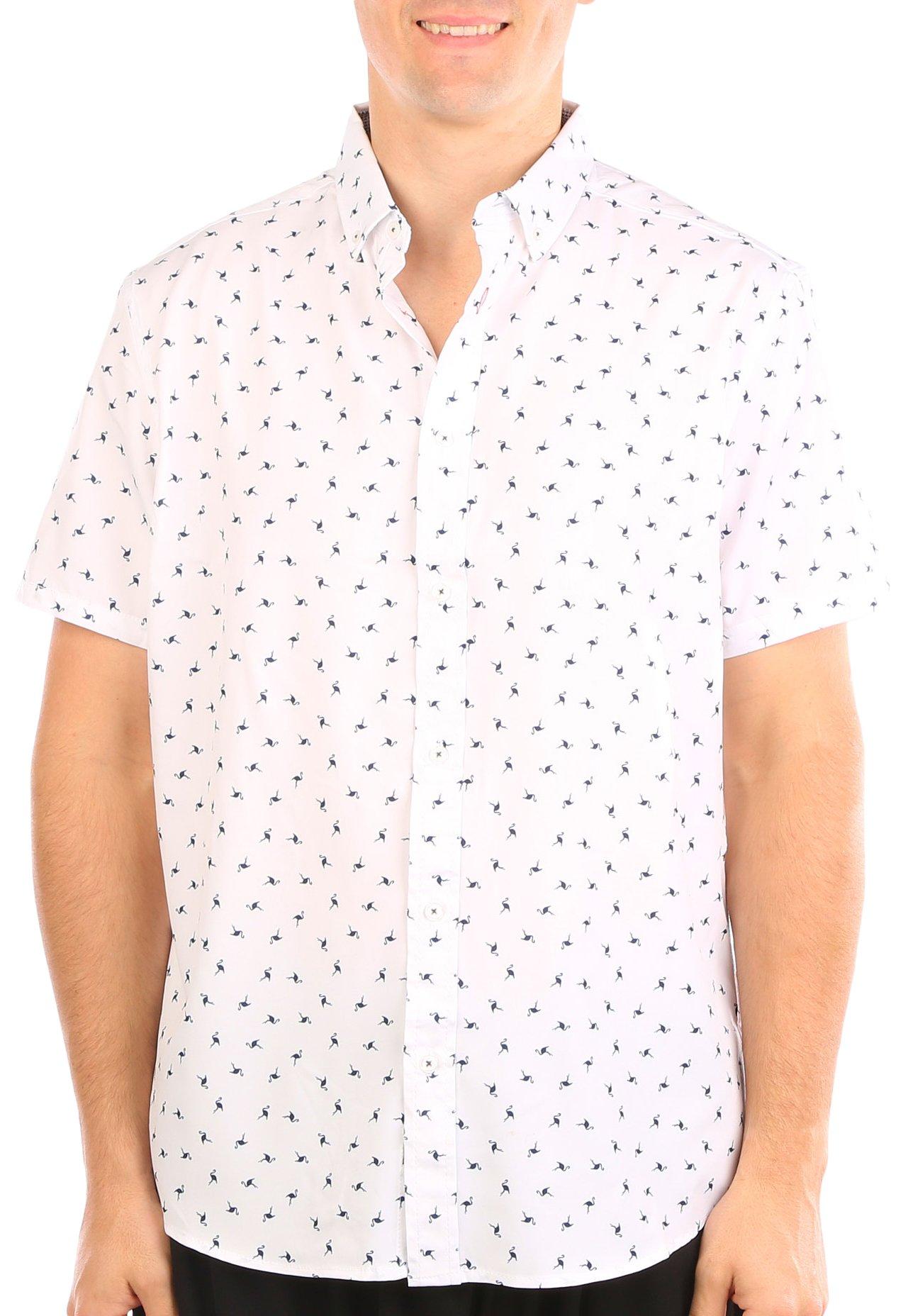 Mens Flamingo Button Down Short Sleeve Shirt