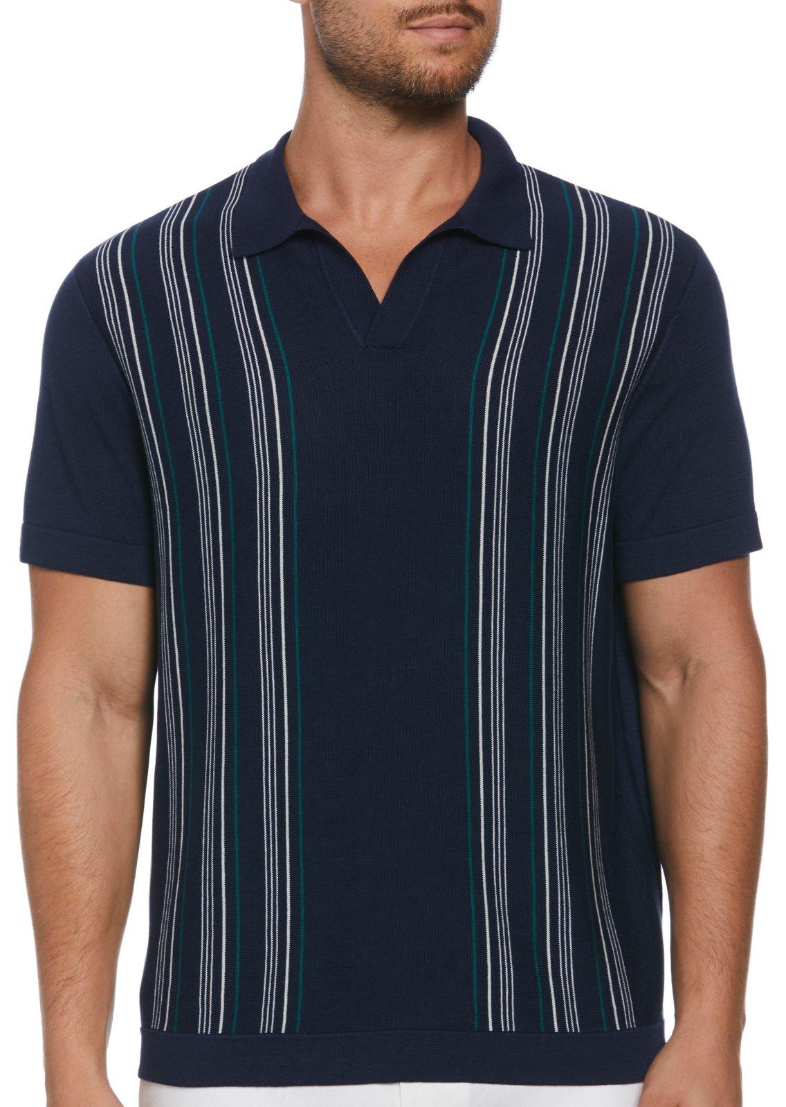 Mens Stripe Johnny Collar Polo Sweater Short Sleeve Shirt