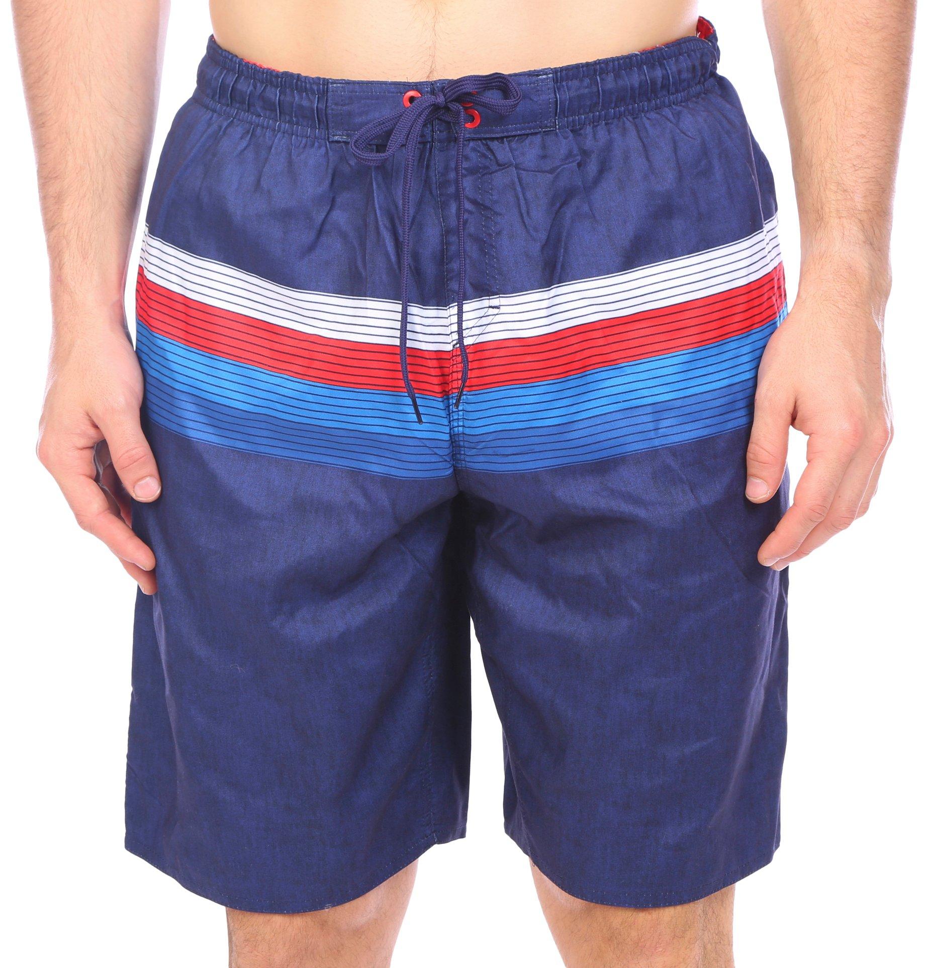 Mens Red White Blue Stripes 2-in-1 Eboard Shorts