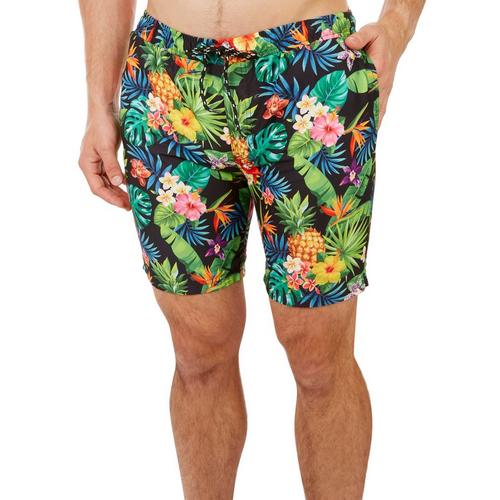Distortion Mens 7in Tropical Floral Pineapple Swim Shorts