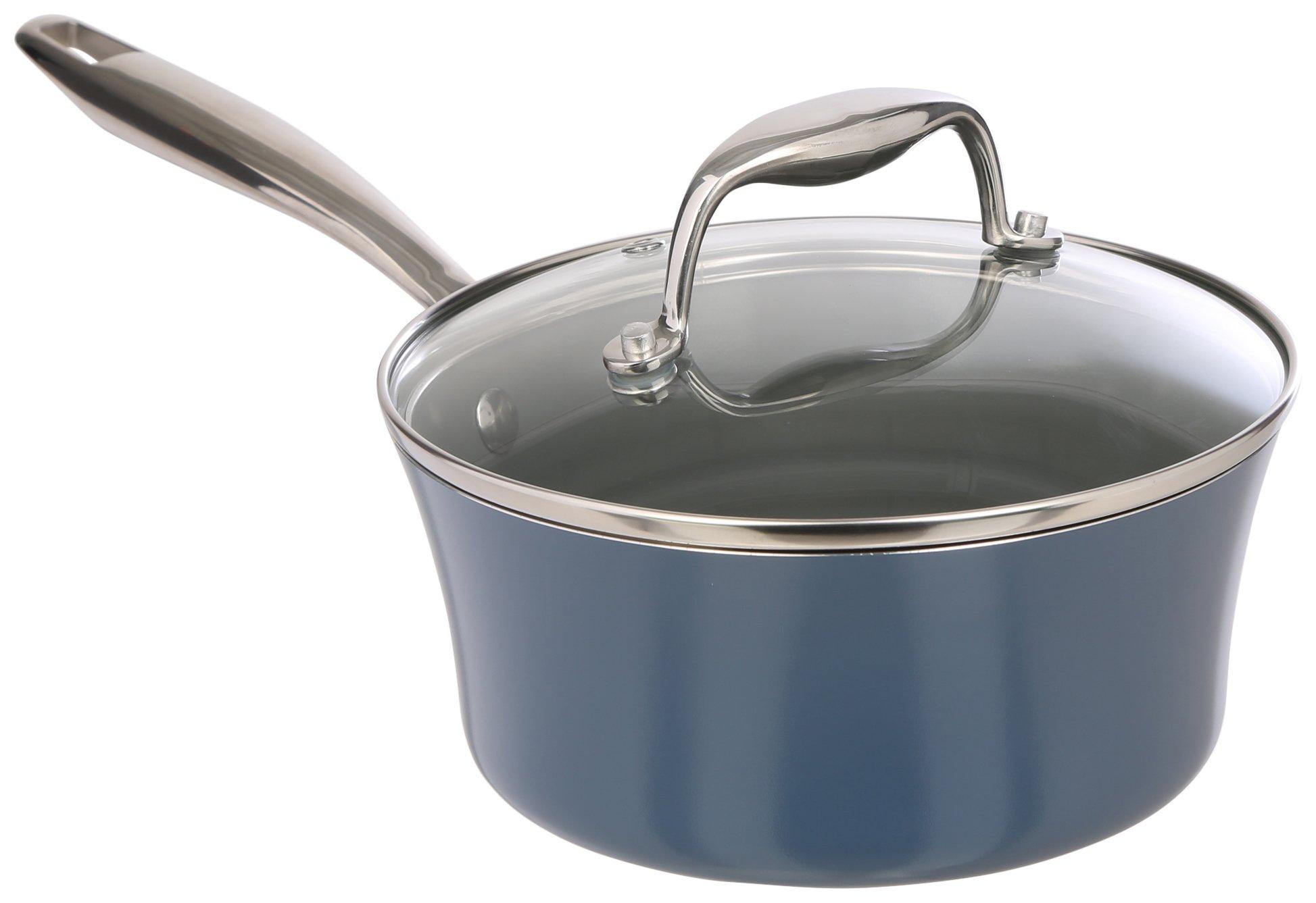 Zest Kitchen and Home Ceramic Non-Stick Sauce Pan with Lid - Blue - 2 qt