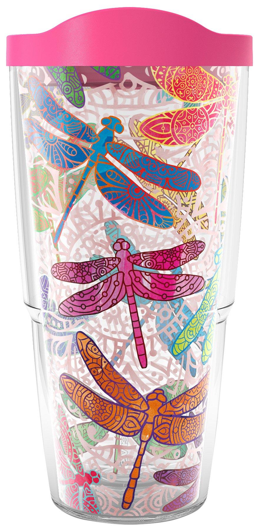 Set 2 Tervis Clear Mugs Handles Lids 12 oz Double Walled Dragonflies