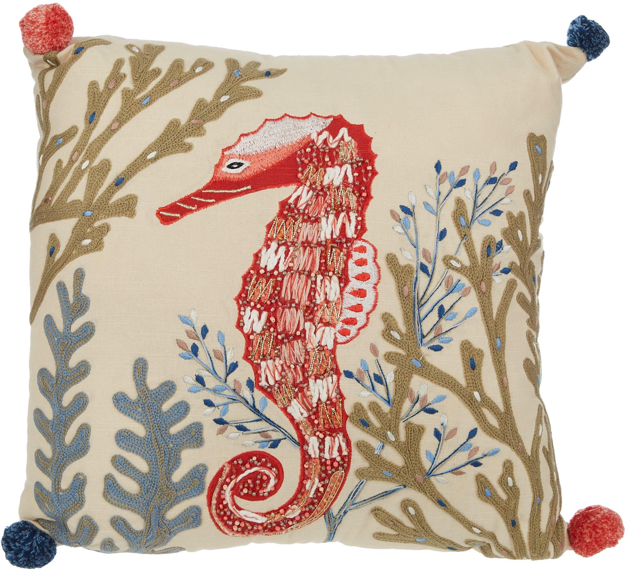 18x18 Embroidered Seahorse Decorative Pillow
