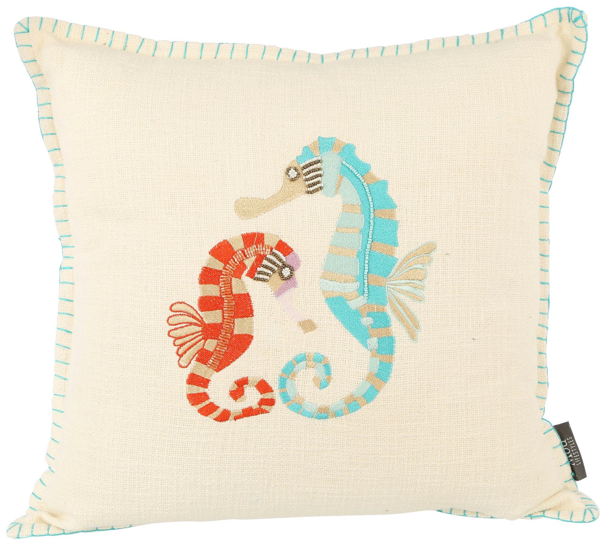 18x18 Embroidered Seahorses Decorative Pillow