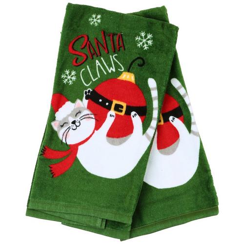 2pk. Kitty Xmas Santa Claws Ornament Kitchen Towels