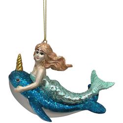 3.5 in. H. Glass Mermaid On Narwhale Christmas Ornaments