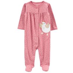 Baby Girls Dot Chicken Pee Applique Footed Pajamas