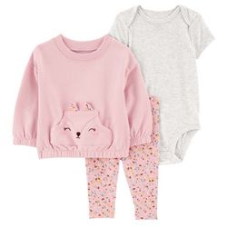 Baby Girls 3 Pc. Long Sleeve Bodysuit Floral Fox Pant Set