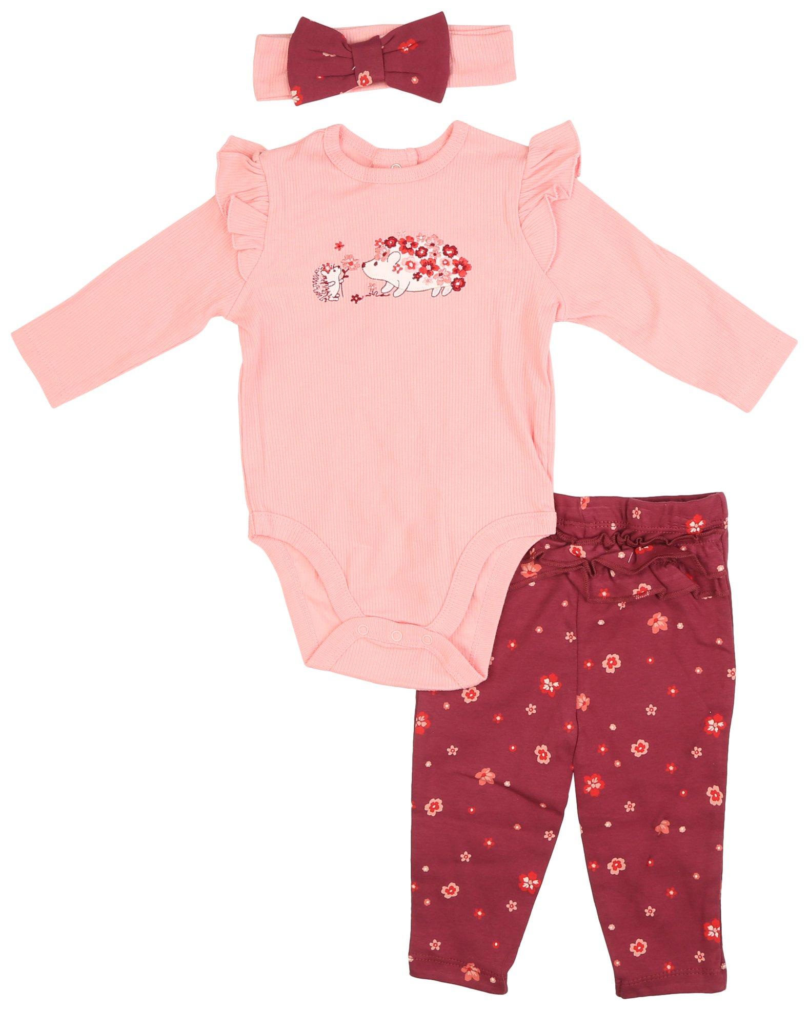 Baby Girls 3-pc. Hedgehog Bodysuit Set