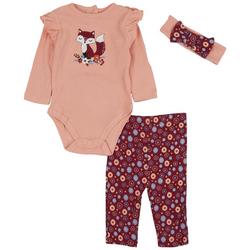 Baby Girls 3-pc. Fox Floral Ribbed Bodysuit Set