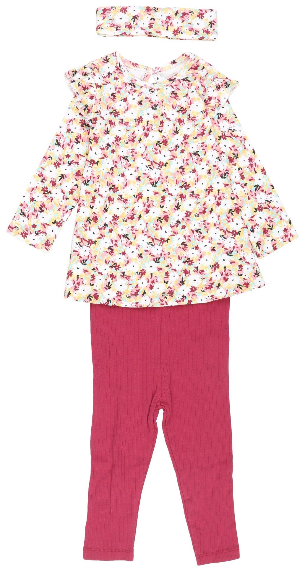 Baby Girls 3 Pc. Bushy Floral Ribbed Pant Set