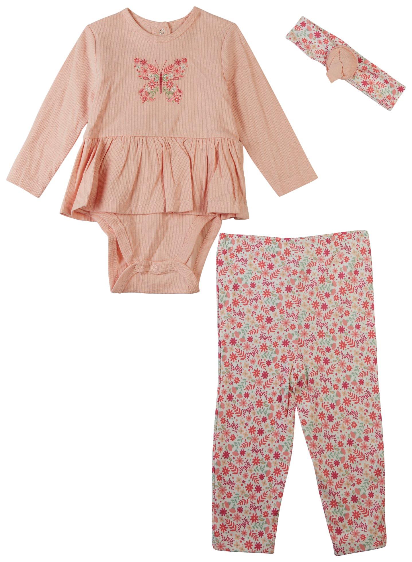 Little Me Baby Girls 3 Pc. Butterfly Dress Bodysuit Set