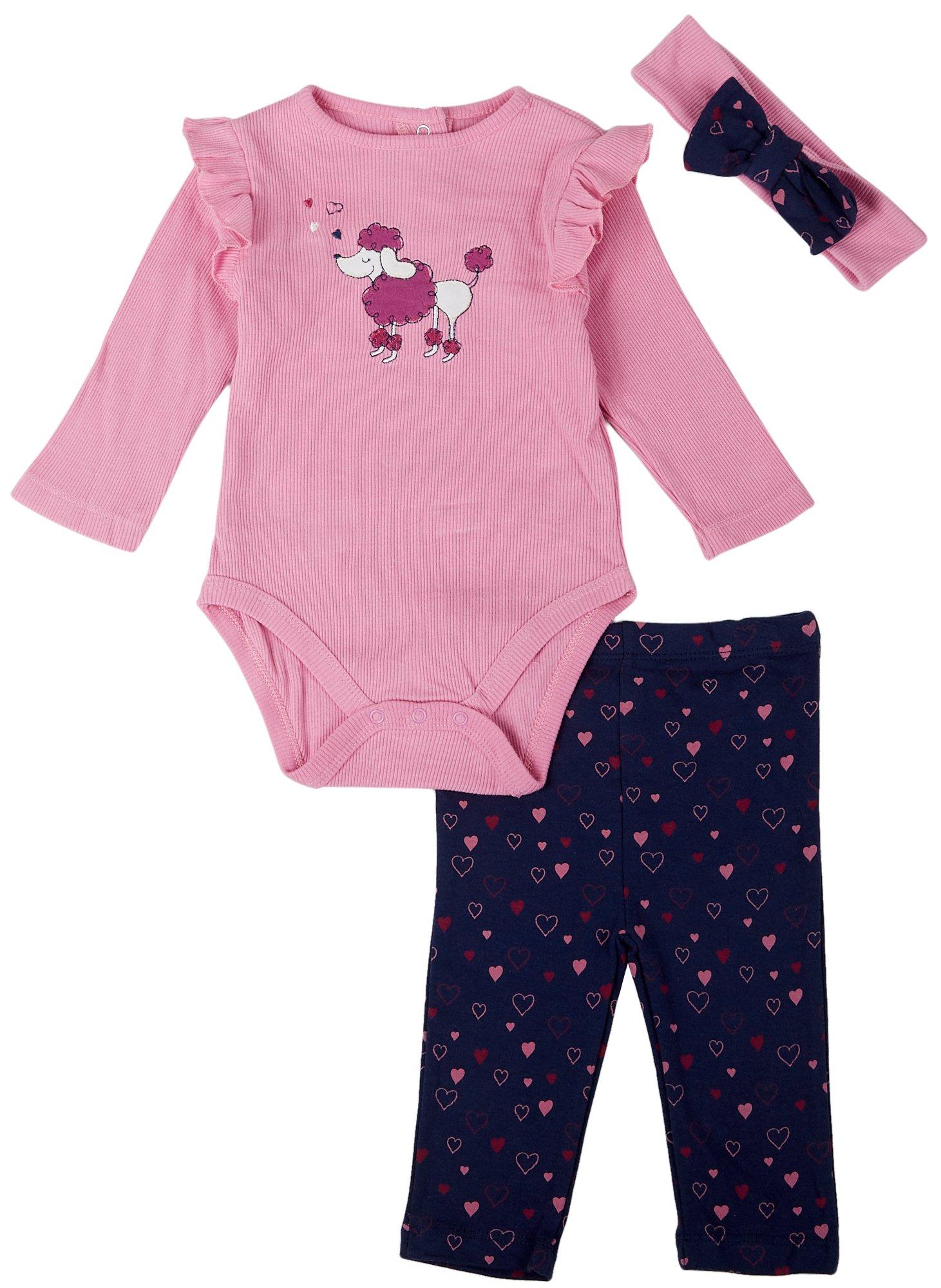 Baby Girls 3pc. Ribbed Poodle Screen Jumpsuit Set