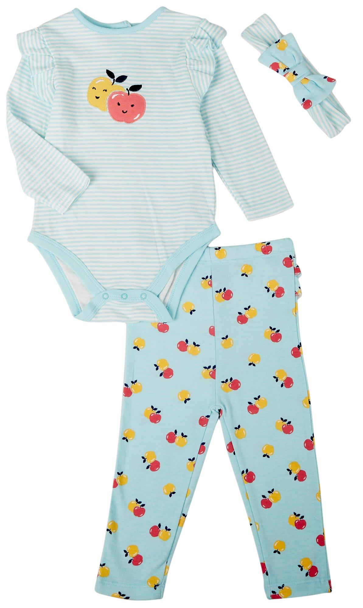 Little Me Baby Girls 3pc. Ribbed Apples Screen Jumpsuit Set