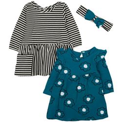Little Me Baby Girls 3pc. Floral & Stripe Dress  Set