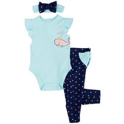 Baby Girls 3-pc. Whale Bodysuit Set
