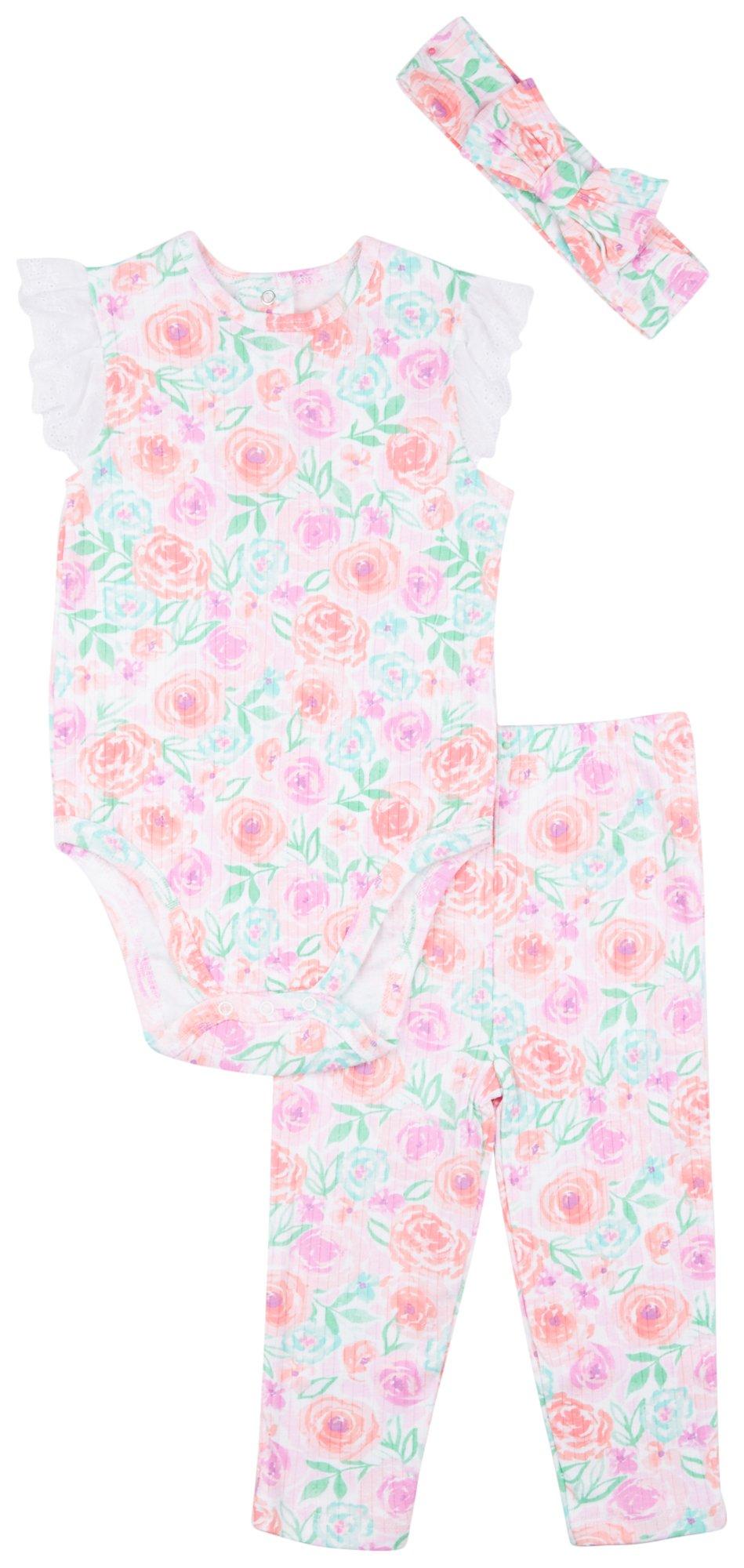 Baby Girls 3 Pc. Floral Print Pant Set